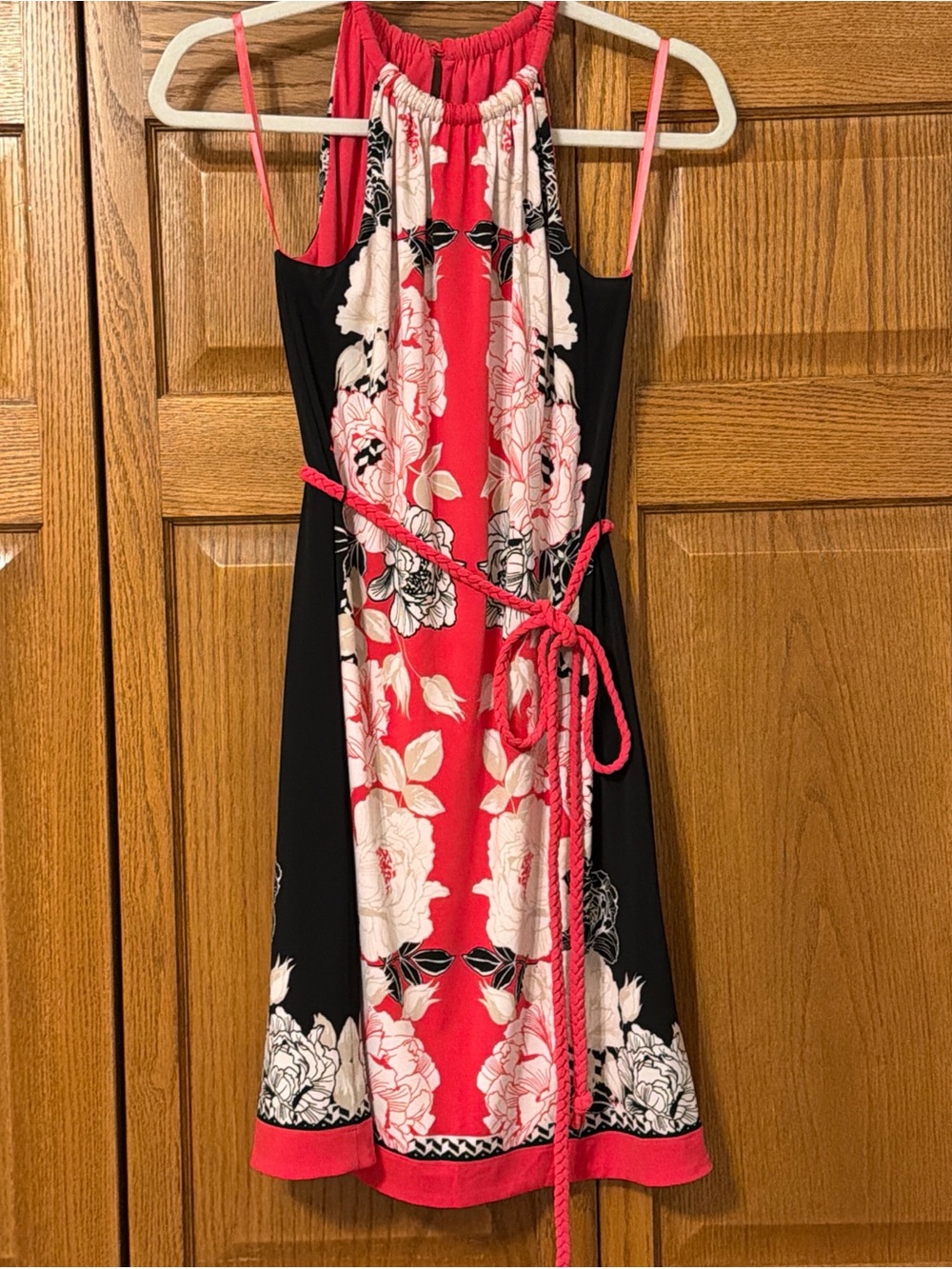Red & Black Floral Halter Dress with Rope Waist